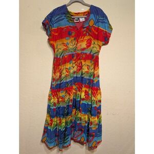 Vintage Phool Colorful Floral Print‎ Tiered Dress V Neck Short Sleeve Cotton M